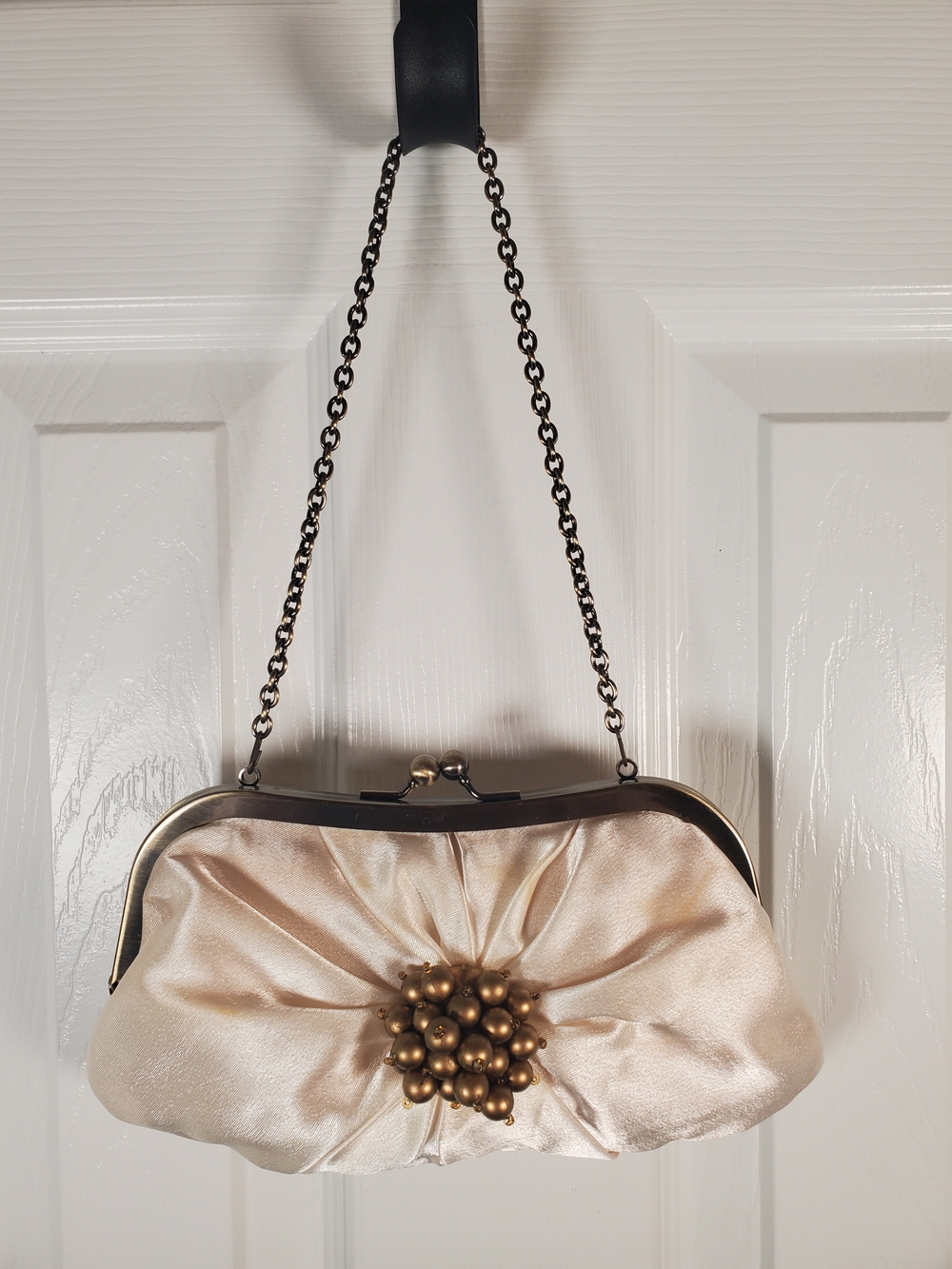 Evening Satin Cluster-Embellished Wristlet Clutch in Champagne